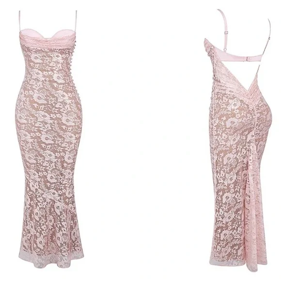 NWOT HOUSE OF CB Azzurra Rose Pink Lace Godet Gown Sz S
